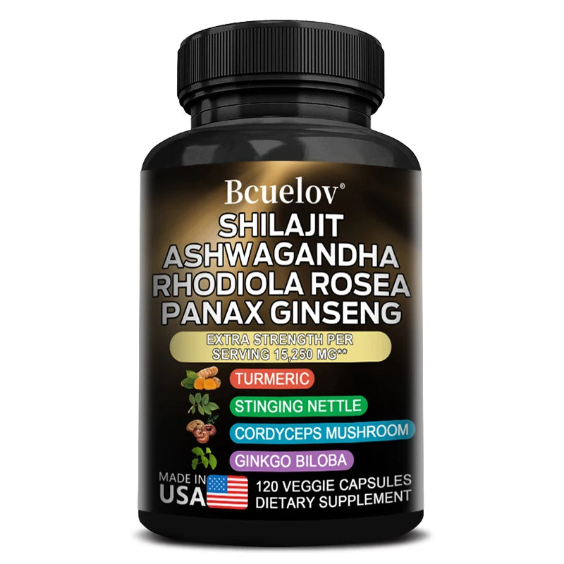 Shilajit Resin Himalaya Capsules – 15250mg (120 Capsules | With Ashwagandha, Ginseng, Cordyceps, Ginkgo & Turmeric)
