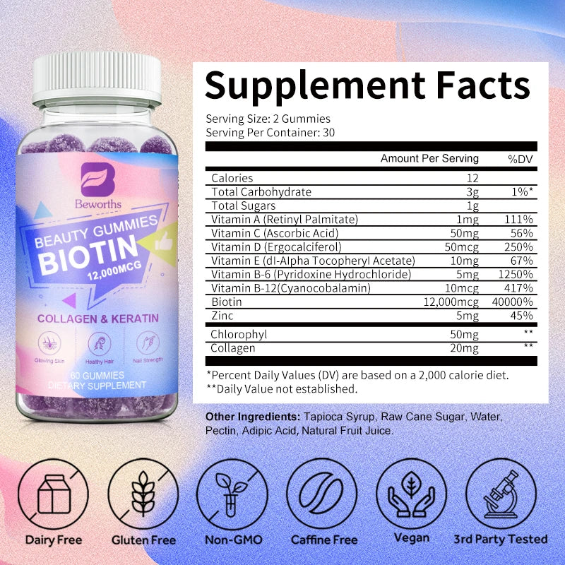Biotin & Collagen Gummies for Hair Growth, Skin & Nails – Vegan, Gelatin-Free Beauty Supplement – 60 Gummies