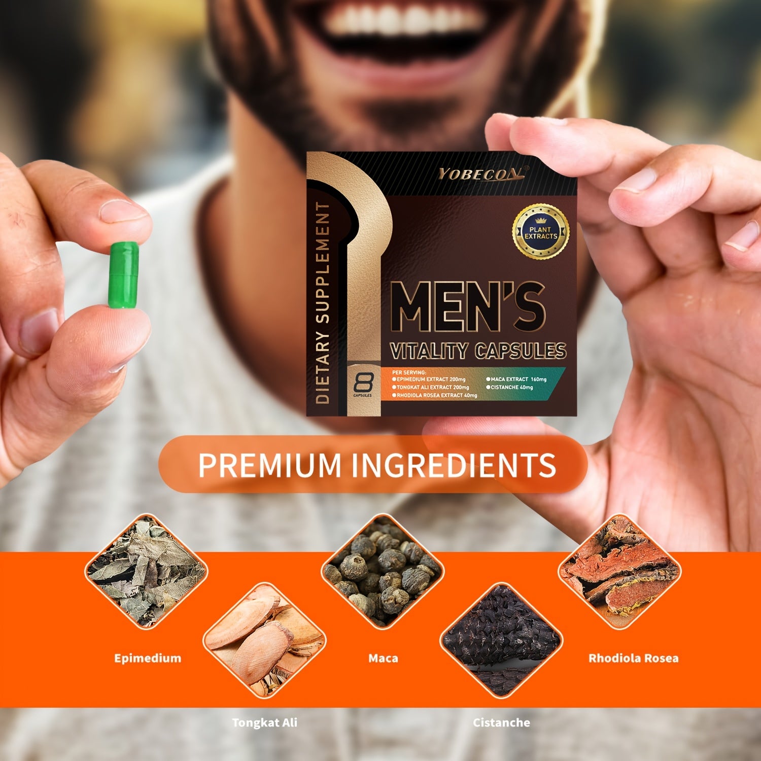 Person holding a box of Yobecon Men's Vitality Capsules with premium ingredients displayed below.