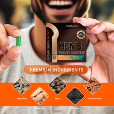 Person holding a box of Yobecon Men's Vitality Capsules with premium ingredients displayed below.