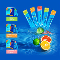 Soulbee fruit juice sticks with lime, sweet orange, and grapefruit flavors on a blue water background.