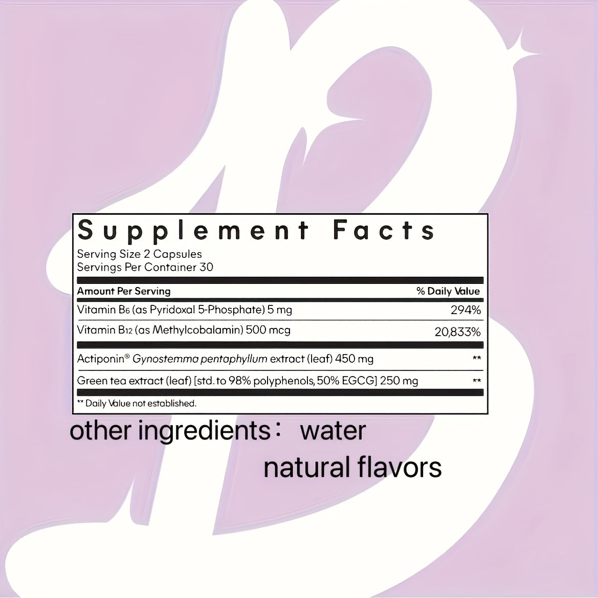 Supplement facts label with ingredients on a pink background