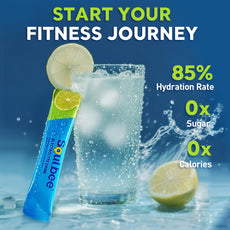 Soulbee hydration stick with a glass of lemon water on a blue background