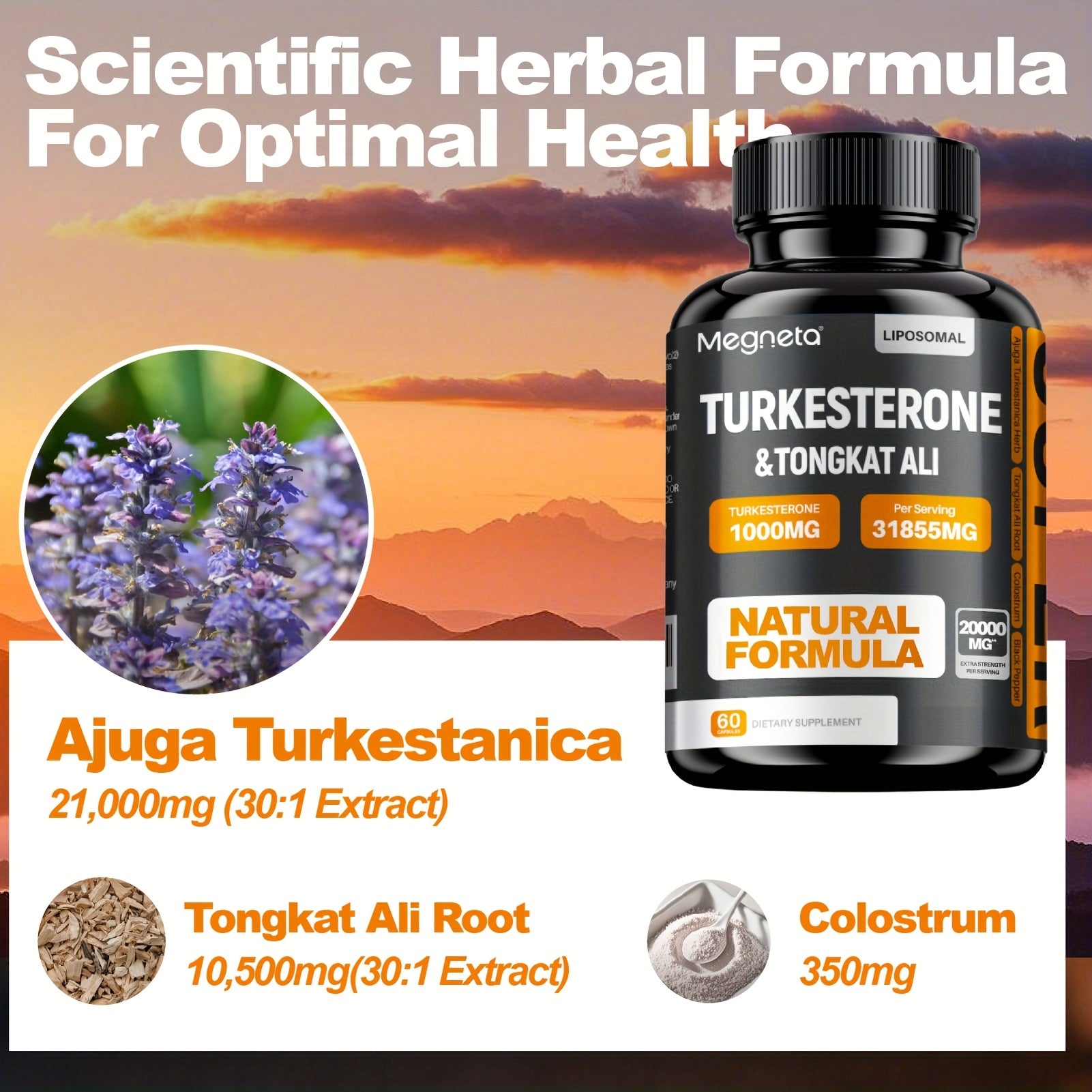 Turkesterone supplement bottle with natural ingredients and scenic background