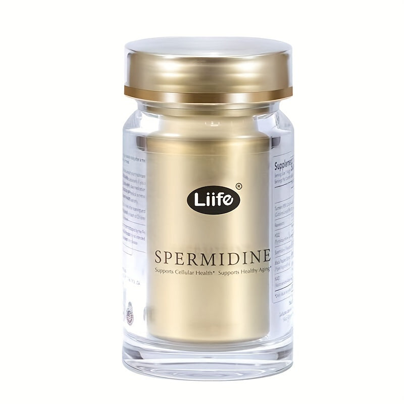 Clear supplement bottle with gold cap and label on a white background