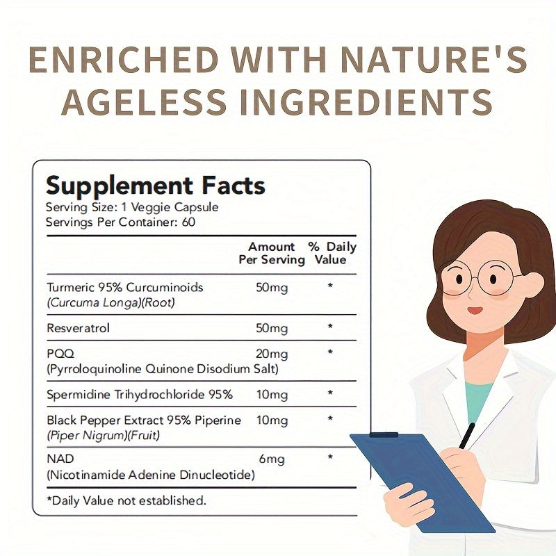 Supplement facts label with a cartoon doctor holding a clipboard on a white background