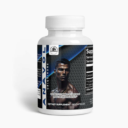 The ANAVOL supplement by 2020WFG comes in a white plastic bottle containing 30 capsules, featuring a black and white image of a muscular male figure on the label. It is designed to enhance cellular energy, improve vitality, and boost ATP production with CoQ10 Ubiquinone.