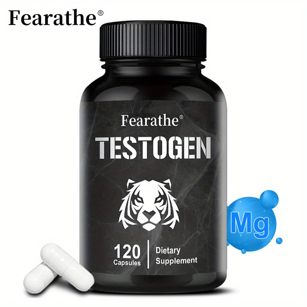 Black supplement bottle labeled 'Fearathe Testogen' with a tiger logo and 'Mg' symbol on a white background.