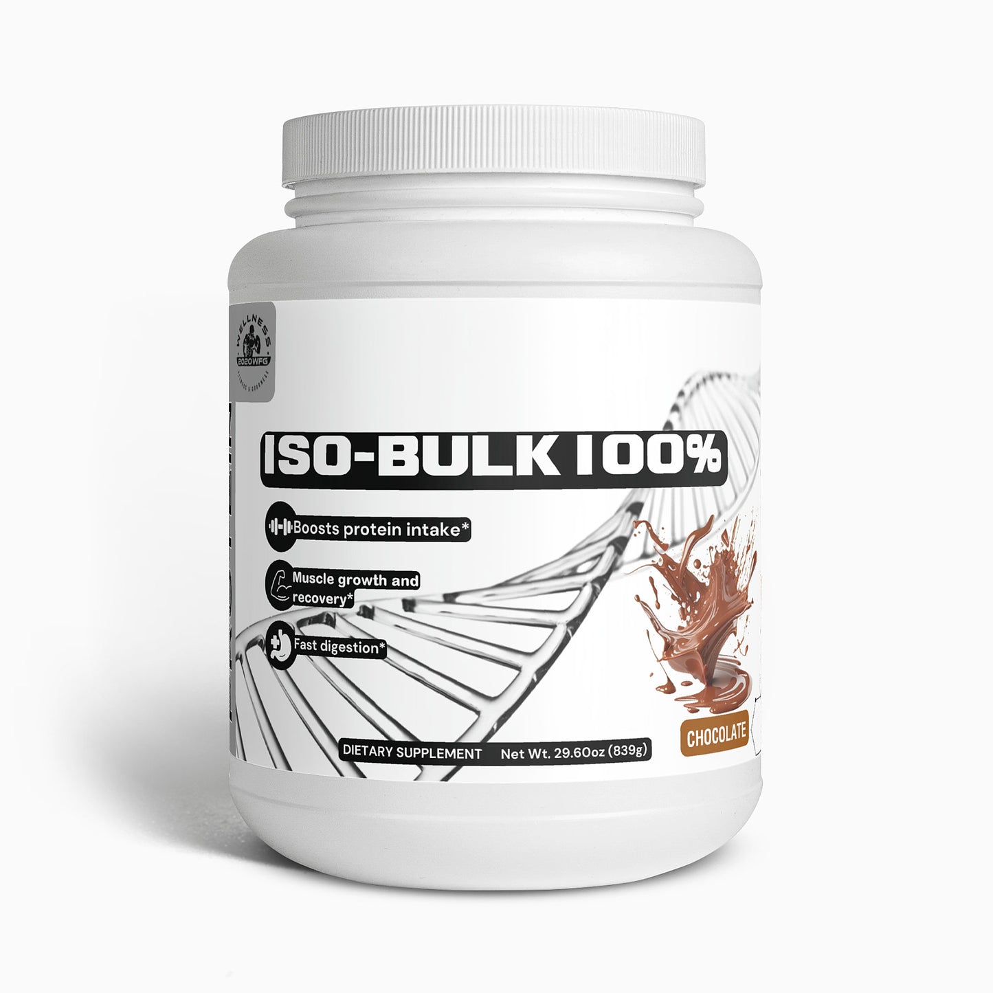 A white container from 2020WFG features the ISO-BULK 100%, a chocolate-flavored whey protein isolate with a DNA helix design. Weighing in at 29.6 ounces (839g), this product emphasizes benefits such as enhancing protein intake, promoting muscle growth, and facilitating fast digestion.