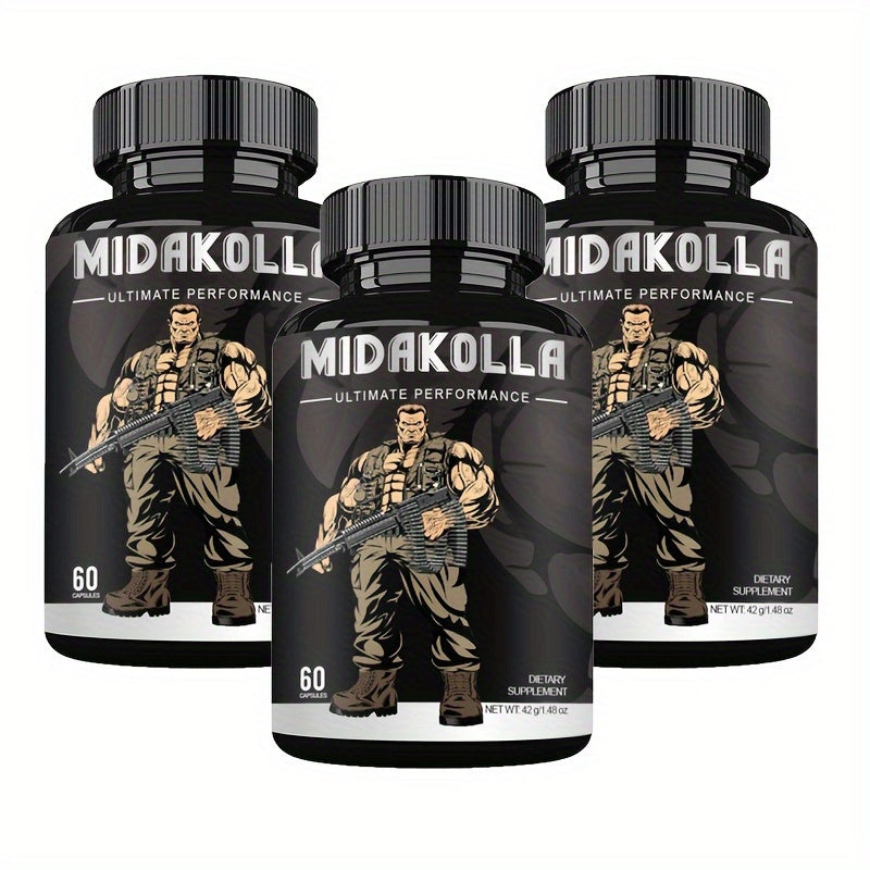 Three bottles of Midakolla Ultimate Performance dietary supplements on a white background