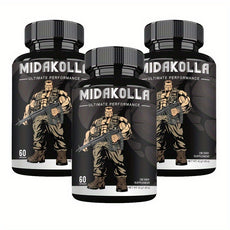 Three bottles of Midakolla Ultimate Performance dietary supplements on a white background