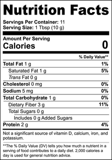 Nutrition facts label for a product showing calories, fat, carbohydrates, and protein per serving.