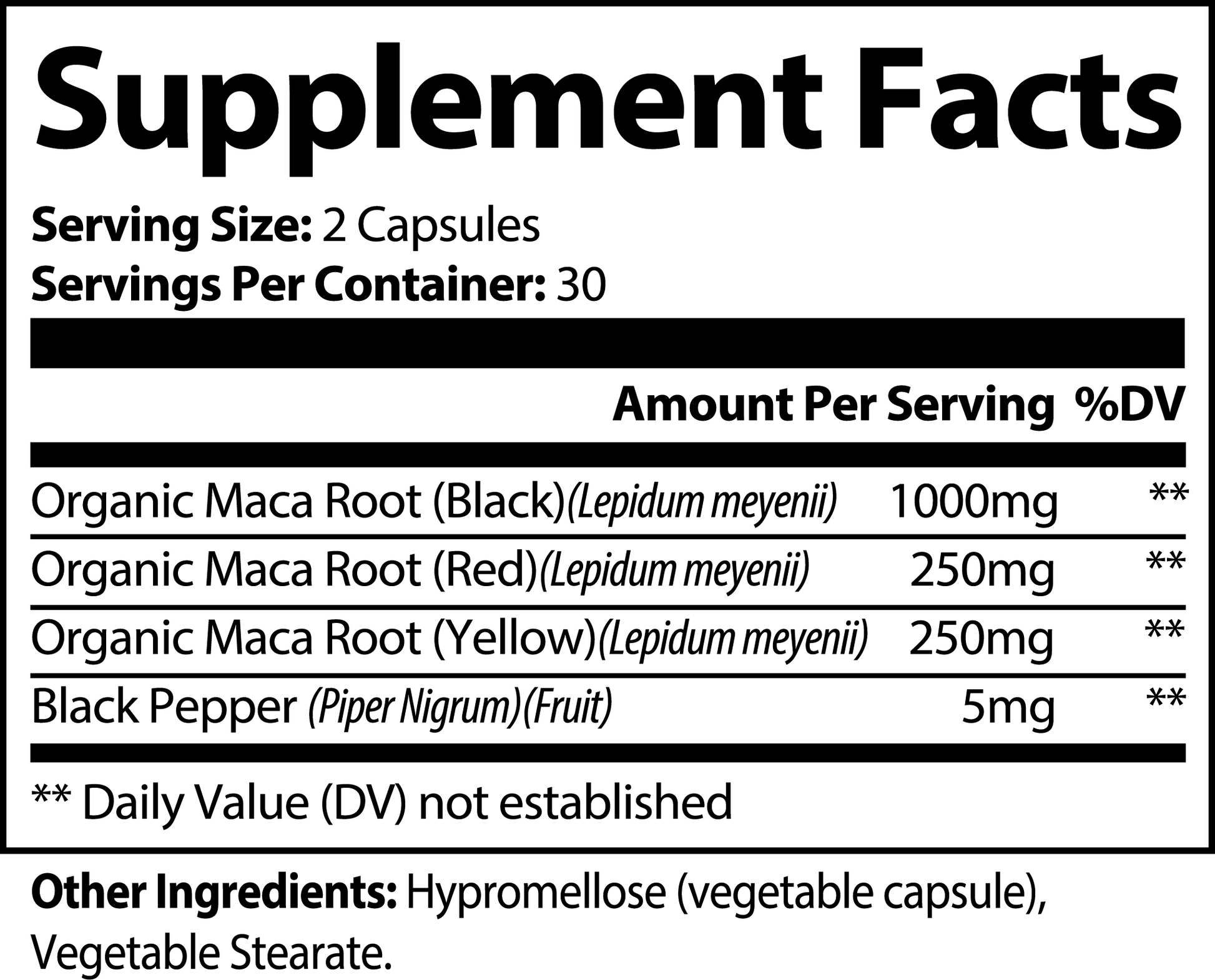 Supplement facts for Vitagra maca root supplement, highlighting organic black, red, yellow maca roots, and black pepper.