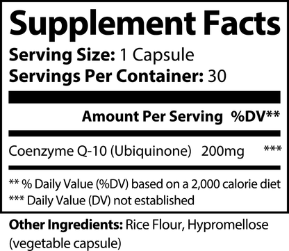 Discover the 2020WFG ANAVOL dietary supplement, featuring a Supplement Facts label that details: Serving size: 1 capsule, Servings per container: 30. Each capsule is formulated with 200mg of CoQ10 Ubiquinone to enhance ATP production, along with rice flour and hypromellose (vegetable capsule).