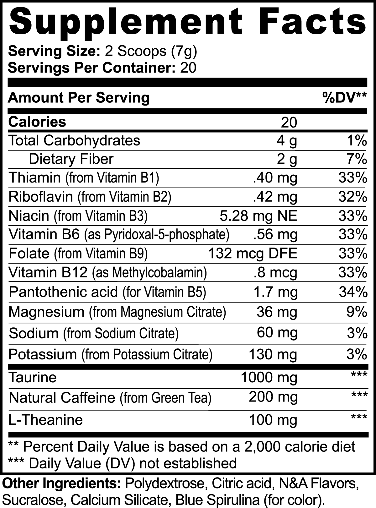 Supplement facts for Sustainol Energy Powder with nutritional information and ingredients listed.