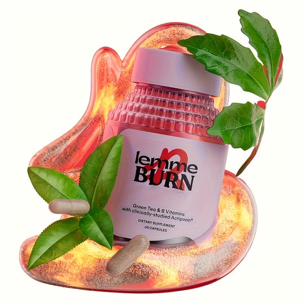 Dietary supplement container labeled 'lemme BURN' with green leaves and capsules on a glowing base.