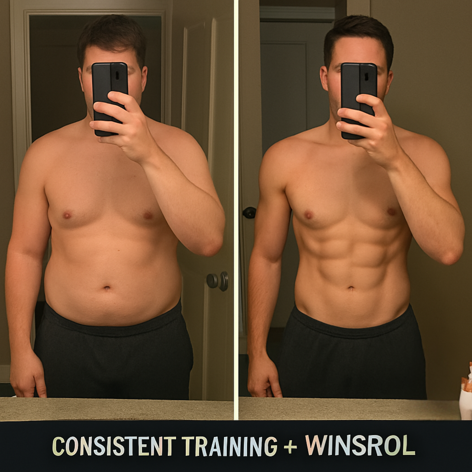 WINSROL results - 90-day transformation showing improved muscle definition and reduced water retention.