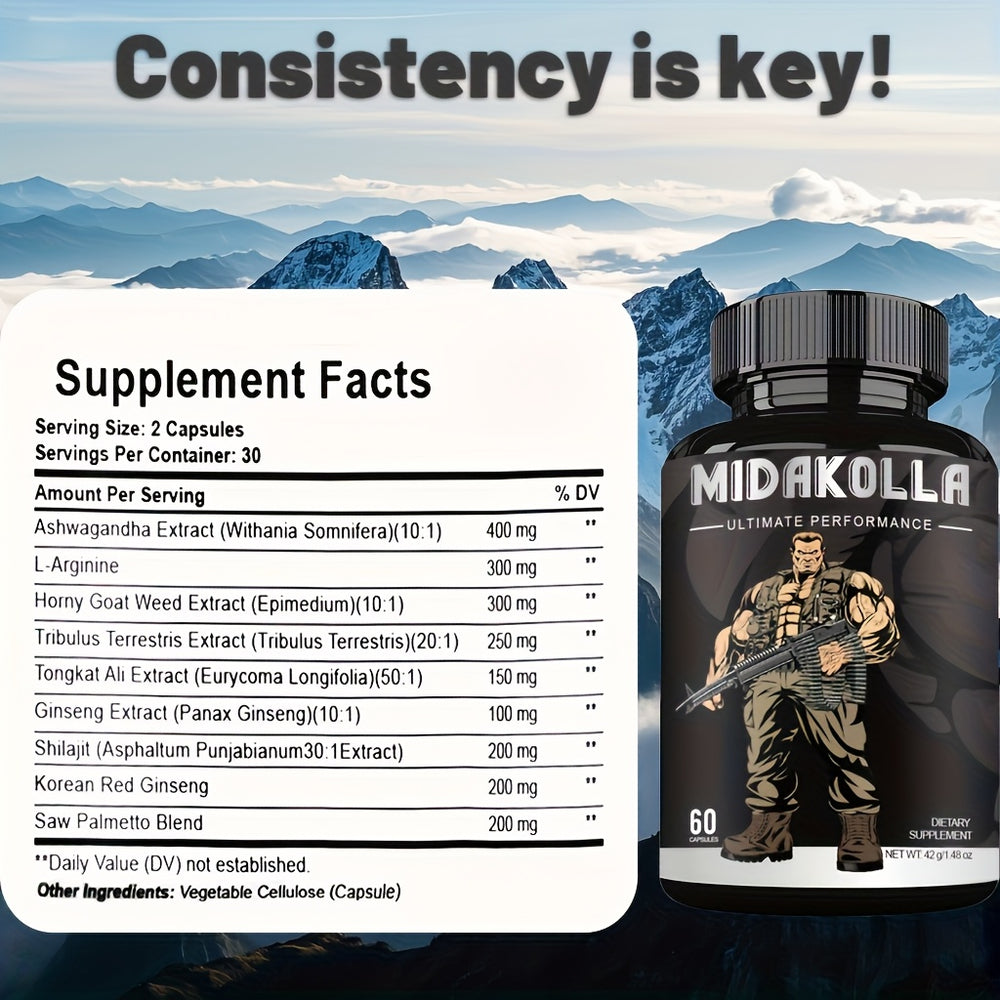 Testosterone Capsules for Men – Shilajit, Ashwagandha, Goat Weed, Tongkat Ali – Advanced Natural Vitality Formula – 60 Capsules