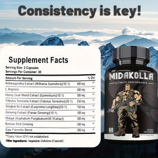 Supplement bottle labeled 'Midakolla' with supplement facts label against a mountainous background.