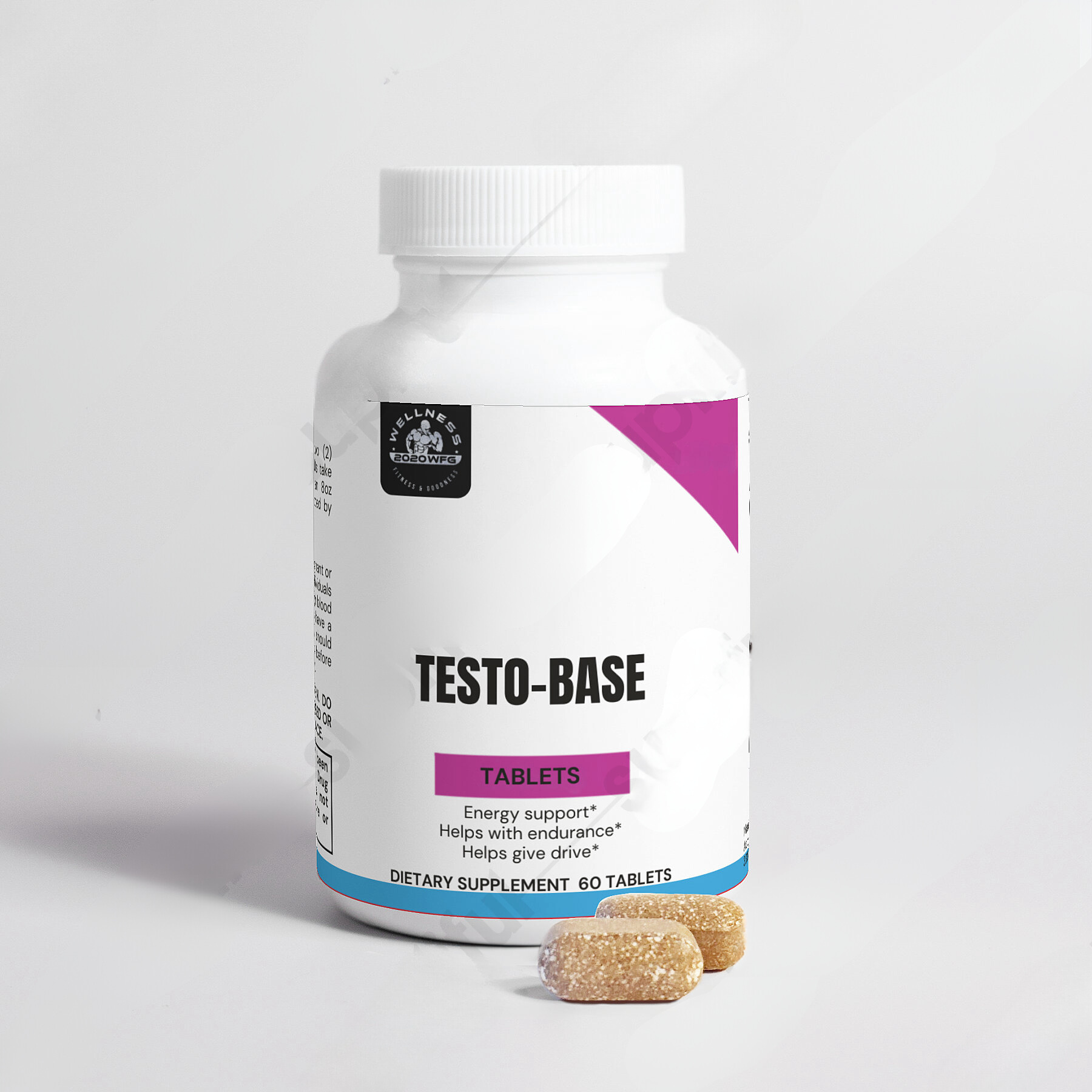 A white bottle labeled as 2020WFG TESTO-BASE showcases two beige tablets. The claimed benefits include support for energy, enhancement of endurance, and assistance with drive. Boost your strength with these 60 dietary supplement tablets created to aid in testosterone production.