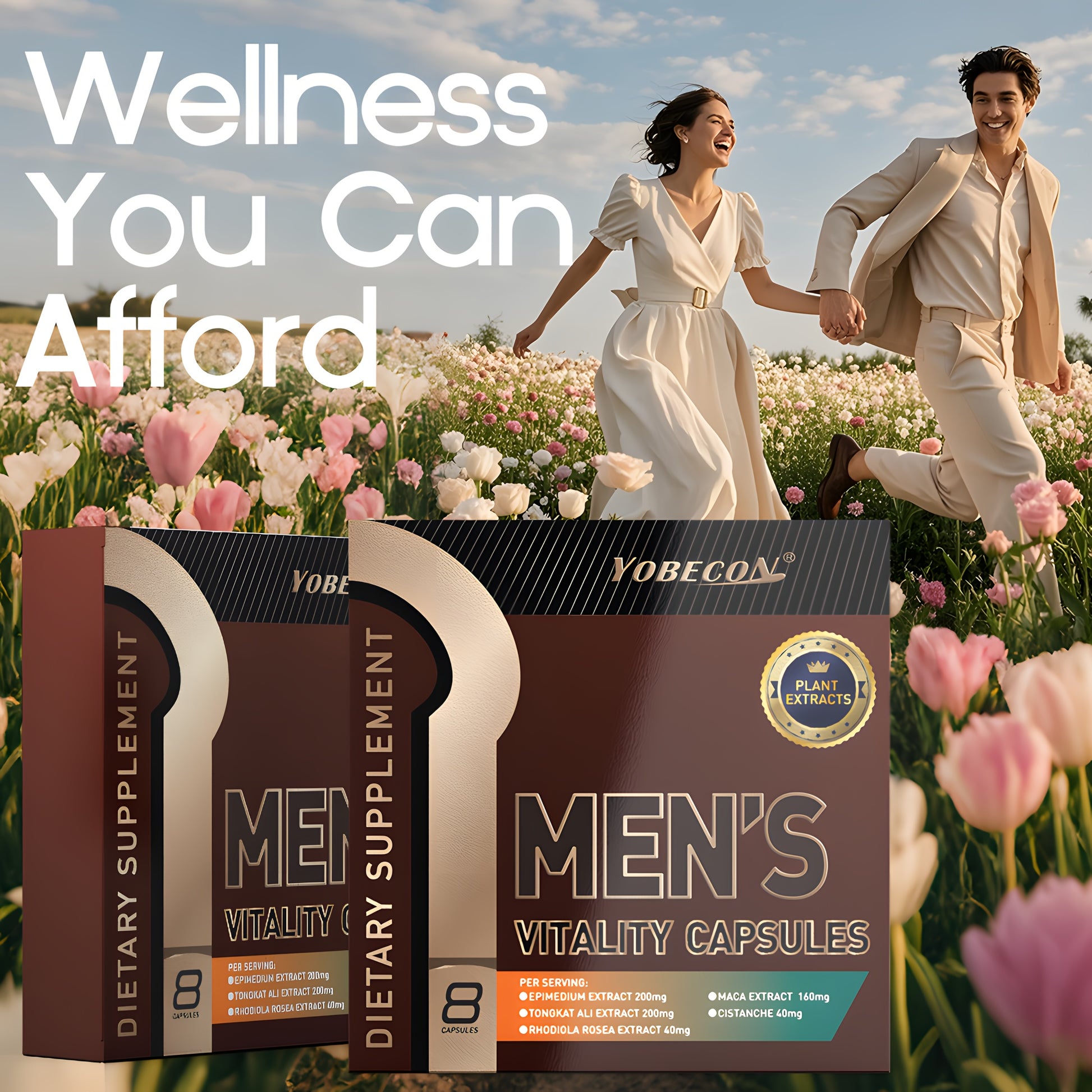 Two boxes of Yobecan Men's Vitality Capsules with a couple walking in a field of flowers and 'Wellness You Can Afford' text.