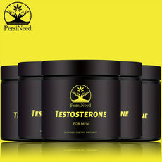 Black containers labeled 'Testosterone for Men' with PersiNeed logo on a yellow background