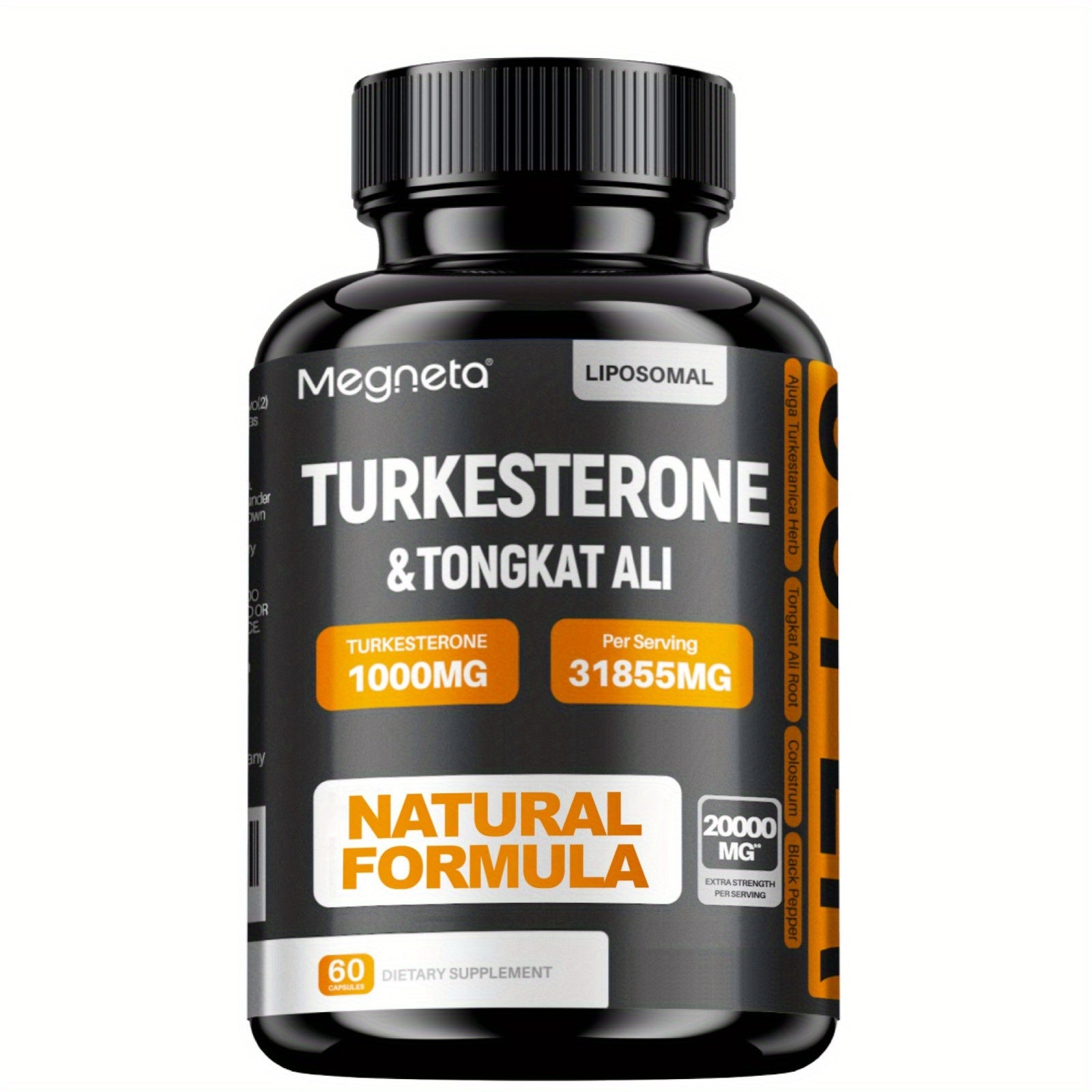 Supplement bottle labeled 'Turkesterone & Tongkat Ali' by Megneta on a white background