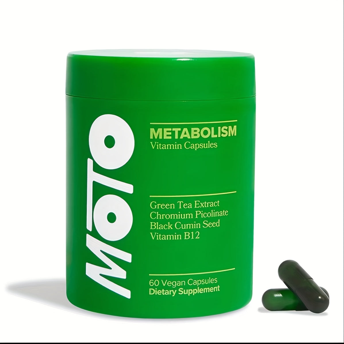Green supplement container labeled 'MOTO Metabolism' with capsules on a white background