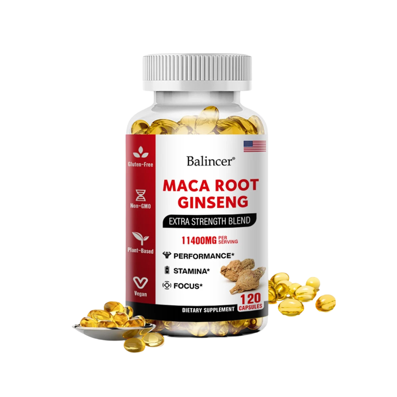 Organic Maca Root + Ginseng Extract Capsules - Stamina & Mood - Energy Supplement for Men and Women