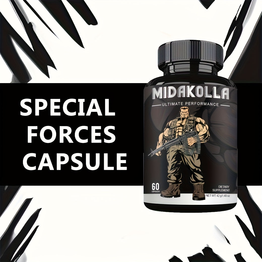 Bottle of Midakolla Special Forces Capsule with a graphic of a soldier on a black and white background