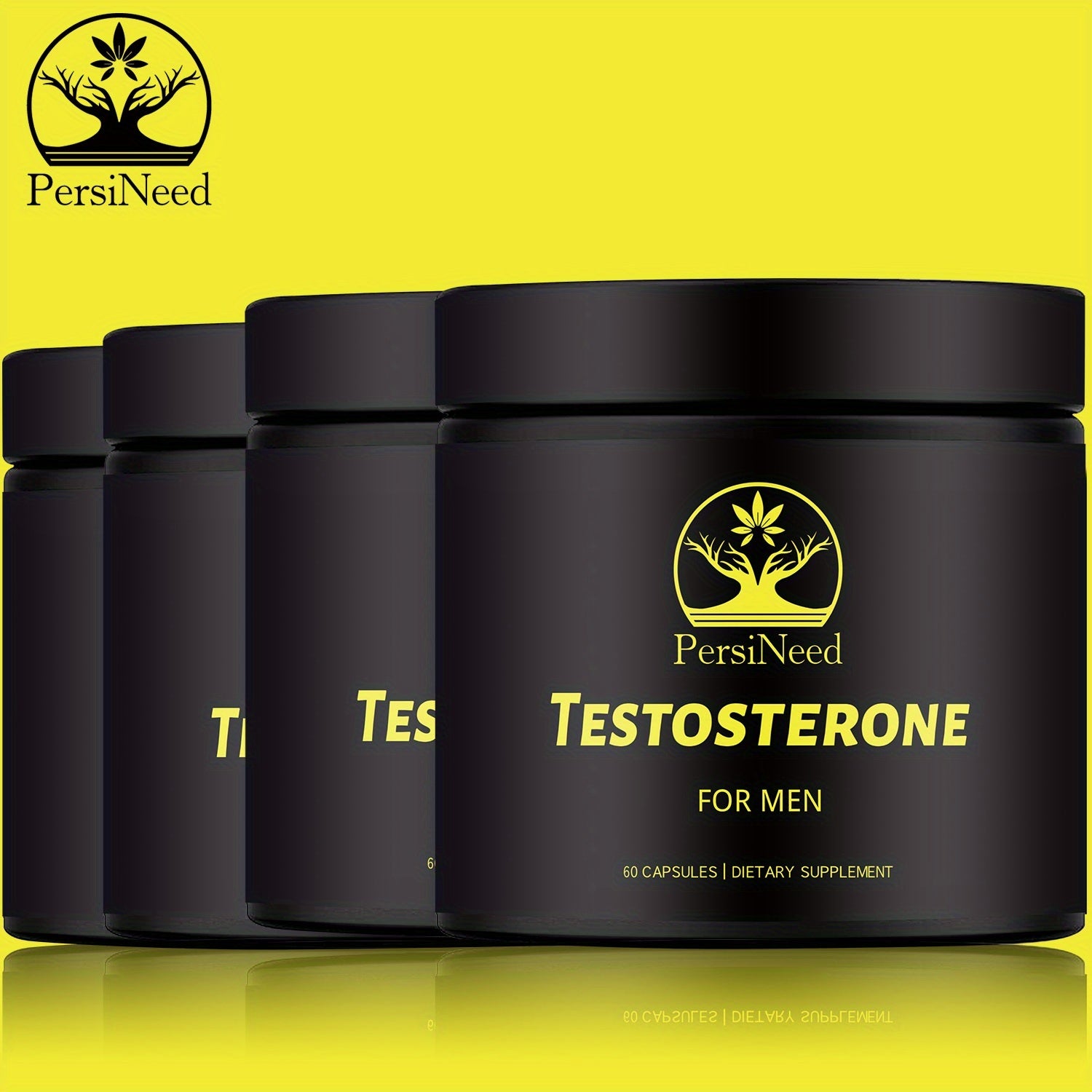 Black containers labeled 'Testosterone for Men' with PersiNeed branding on a yellow background
