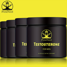 Black containers labeled 'Testosterone for Men' with PersiNeed branding on a yellow background