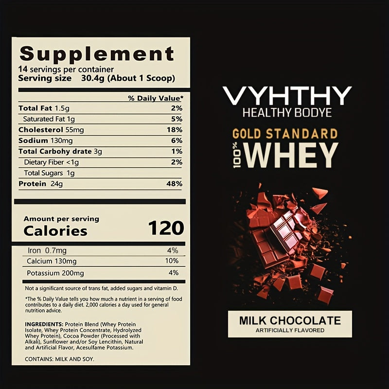 Vyhthy Gold Standard Whey supplement label with nutritional information on a black background