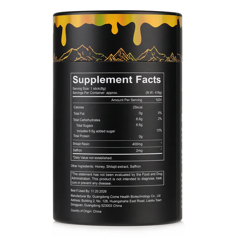Supplement facts label on a black container with mountain design