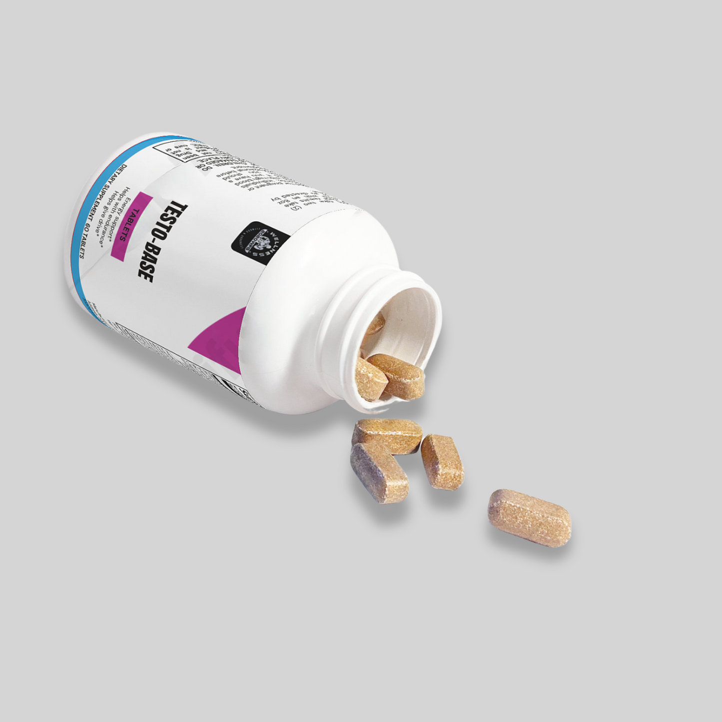 A white bottle labeled TESTO-BASE from 2020WFG lies on its side, with several oblong, beige tablets spilling out onto a grey surface. The blue and purple label highlights muscle gains and testosterone production with vibrant text and graphics.