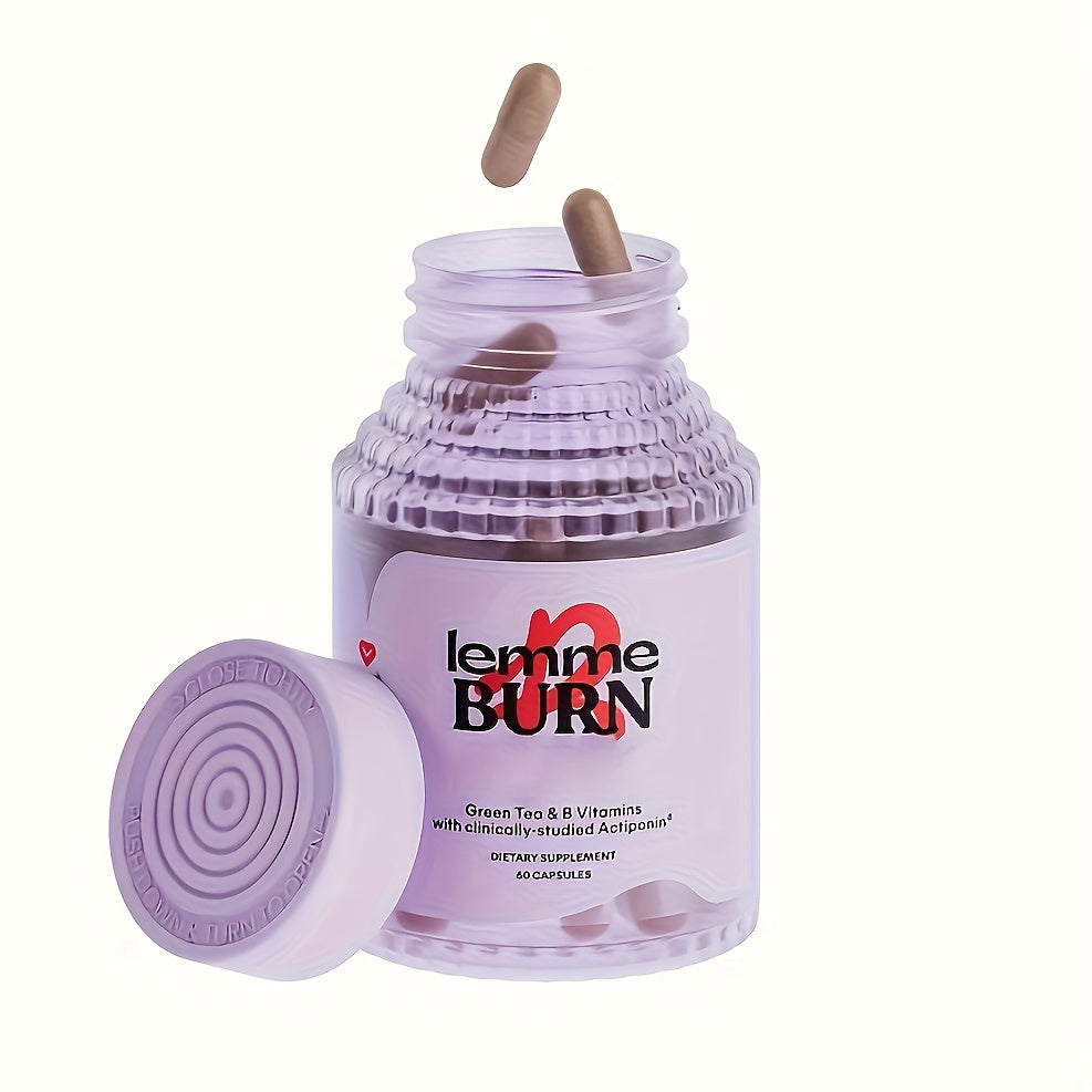 Purple container with 'lemme BURN' label and two wooden sticks on a white background