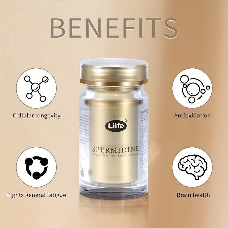 Life Spermidine supplement bottle with benefits listed on a beige background