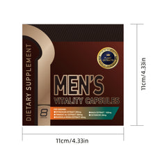 Box of Men's Vitality Capsules with dimensions on a white background