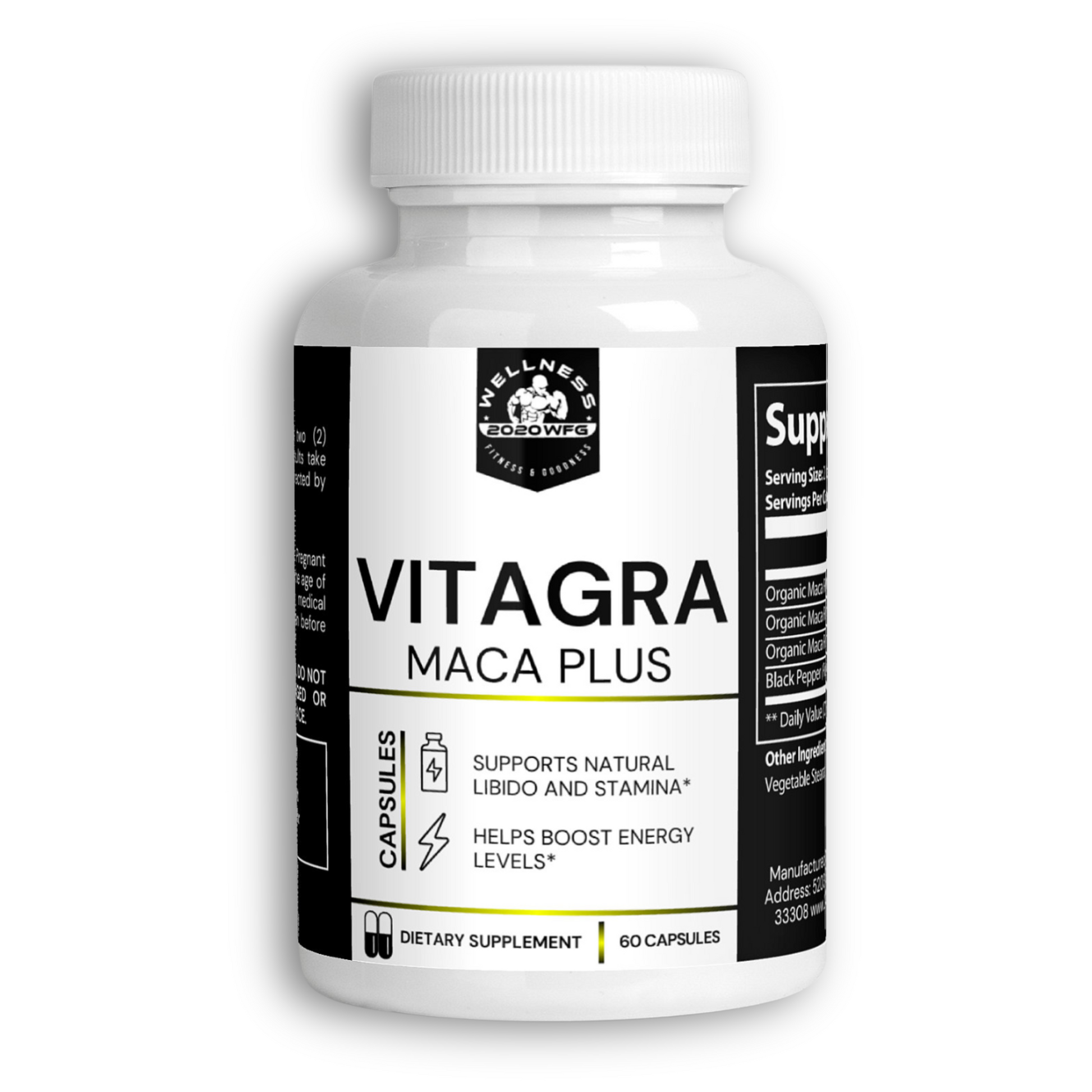 Vitagra Maca Plus supplement bottle for energy, libido, and hormonal balance, featuring 60 capsules.