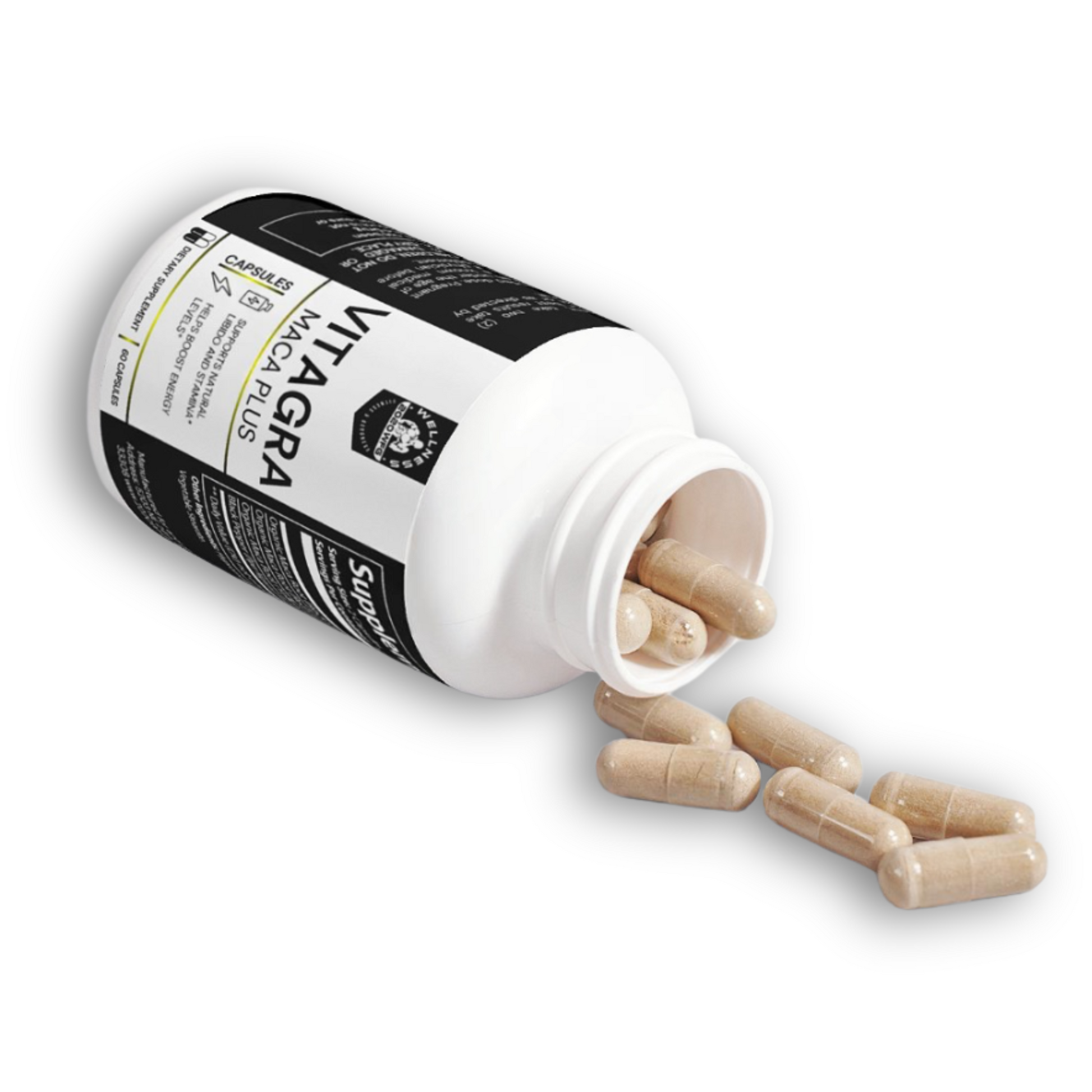 Vitagra maca root supplement capsules for male vitality and energy, spilled from a white bottle.