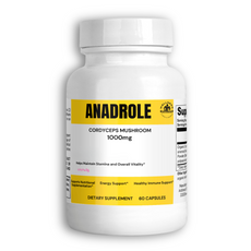 ANADROLE Natural Cordyceps Extract Supplement bottle, 1000mg for stamina and energy support, 60 capsules.