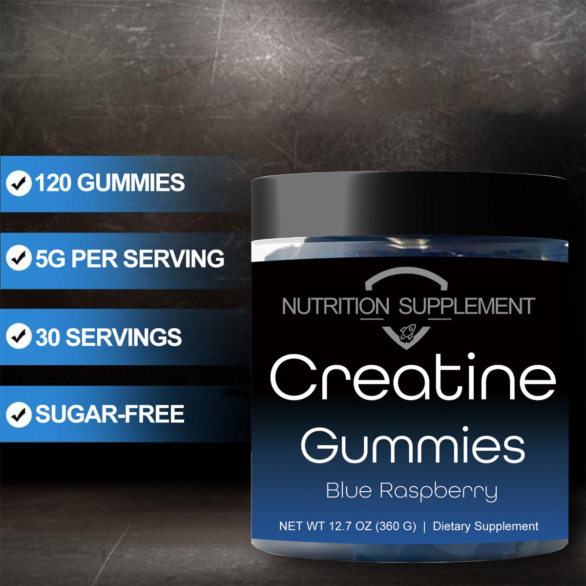 Nutrition supplement Creatine Gummies packaging with key features on a dark background