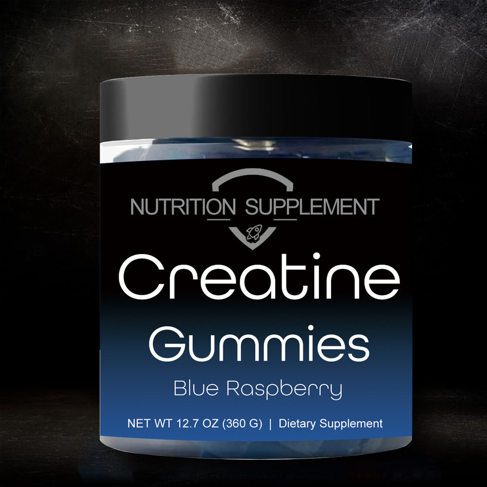Jar of creatine gummies with blue raspberry flavor on a dark background