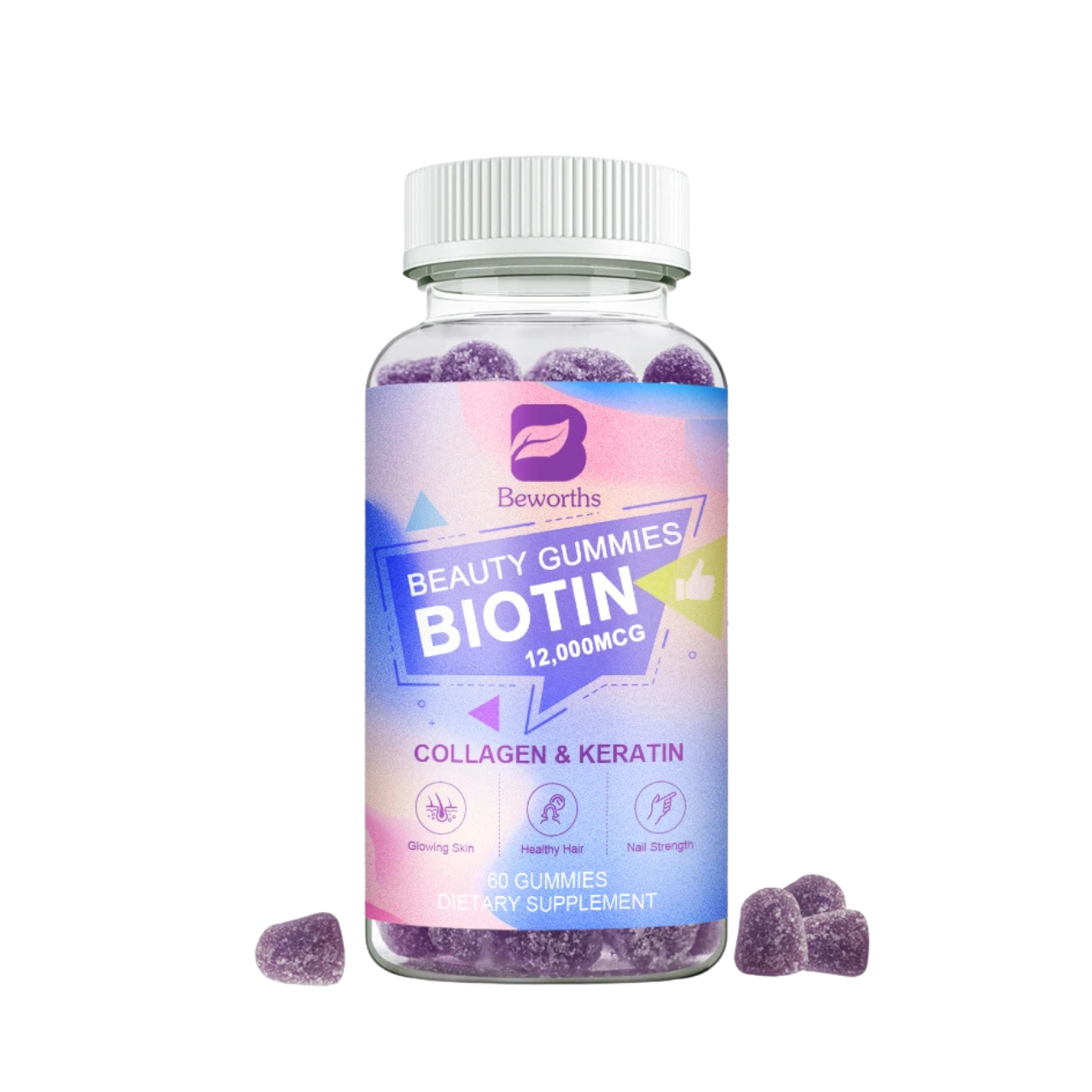 Biotin & Collagen Gummies for Hair Growth, Skin & Nails – Vegan, Gelatin-Free Beauty Supplement – 60 Gummies