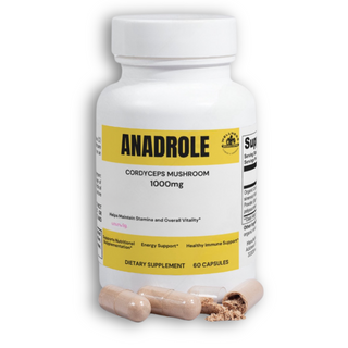 ANADROLE Cordyceps mushroom supplement in a white bottle with capsules, promoting stamina and vitality.