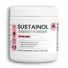 Sustainol Energy Powder in Cotton Candy flavor, supports sustained energy and focus, sugar-free workout supplement.