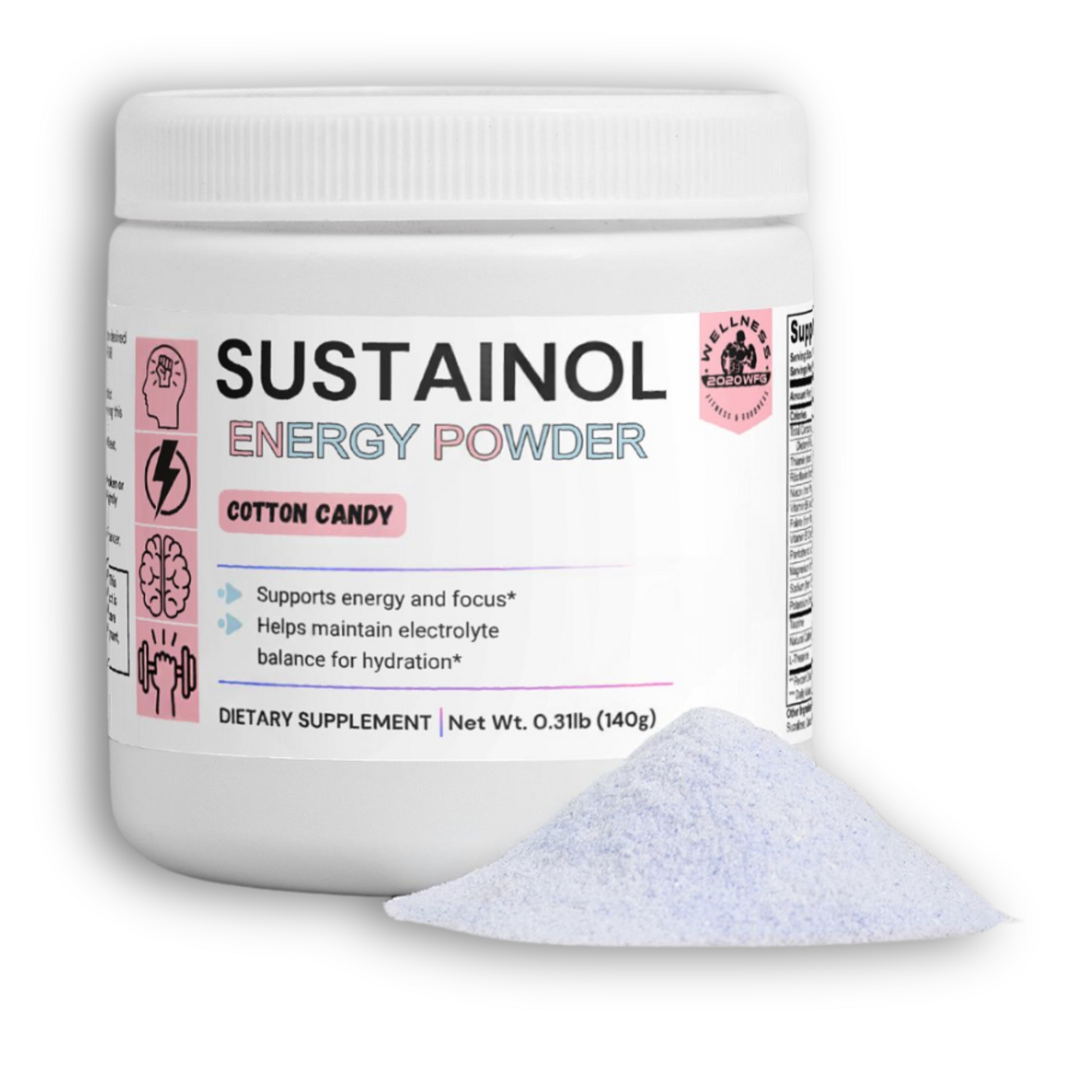 Sustainol Energy Powder in Cotton Candy flavor for sustained energy and focus, perfect for workout performance.