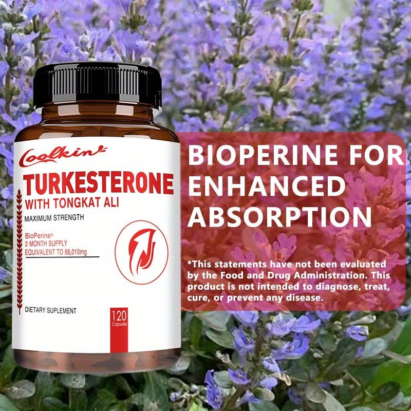 Turkesterone supplement bottle with bioperine label on a floral background
