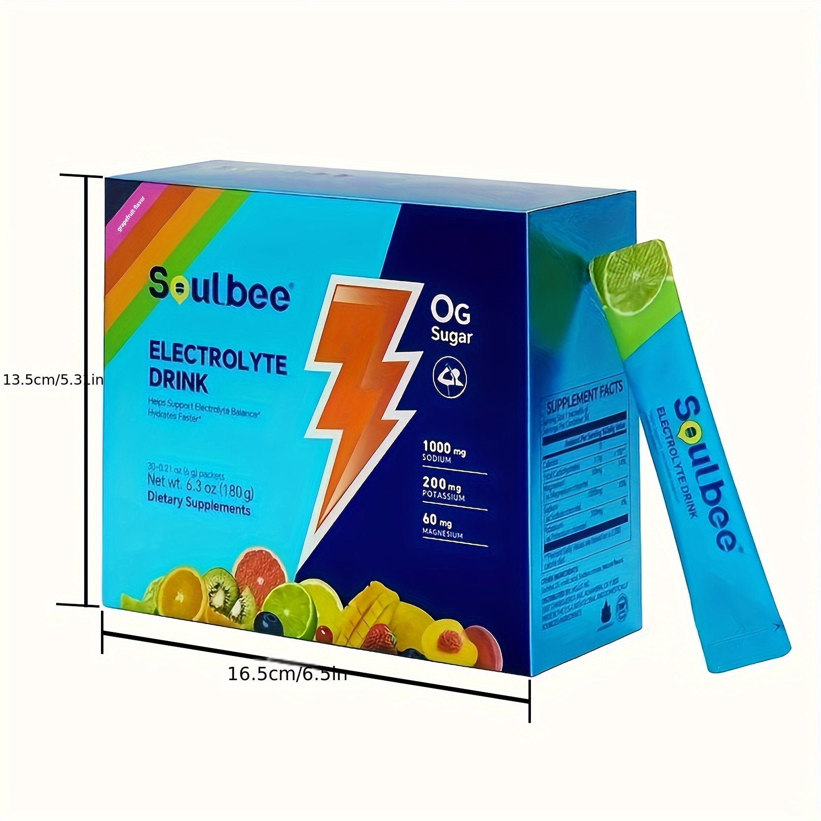 Soulbee electrolyte drink box with dimensions on a white background