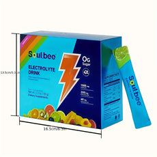 Soulbee electrolyte drink box with dimensions on a white background